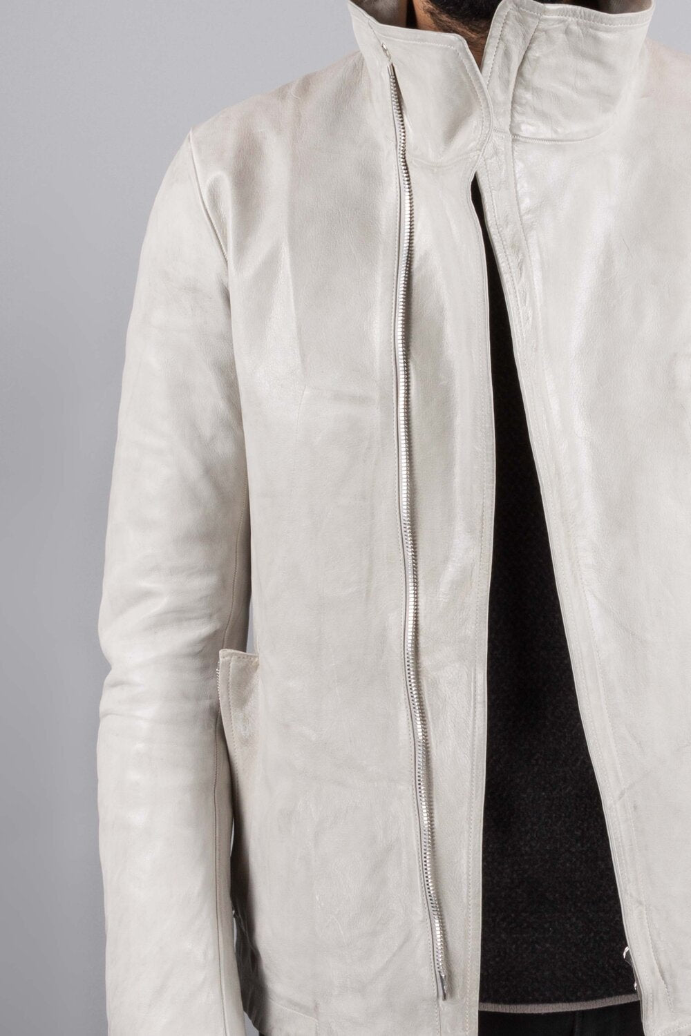 Pale Grey High Neck Kangaroo Leather Jacket by Carol Christian Poell