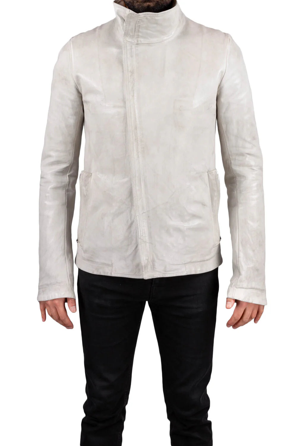 Pale Grey High Neck Kangaroo Leather Jacket by Carol Christian Poell