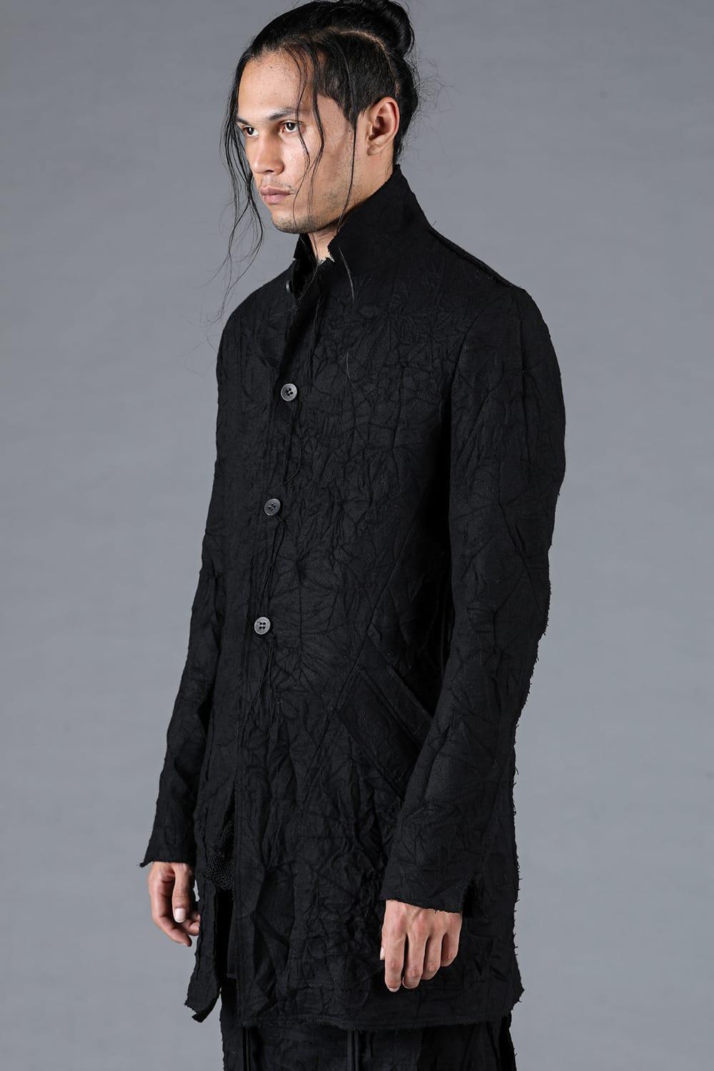 Black Catch Washer Crumpled Wool Long Jacket