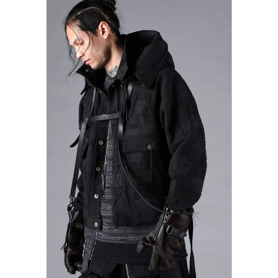 Black Crust Patchwork Jacquard w/ detachable hoodie Jacket