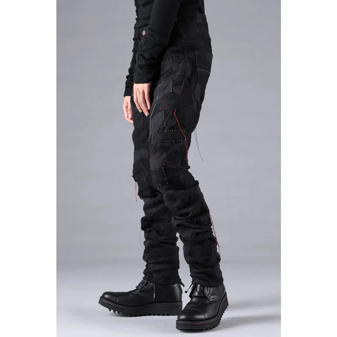 Black Hand Patchwork Crust Jacquard Overlock Twist Curve Pants