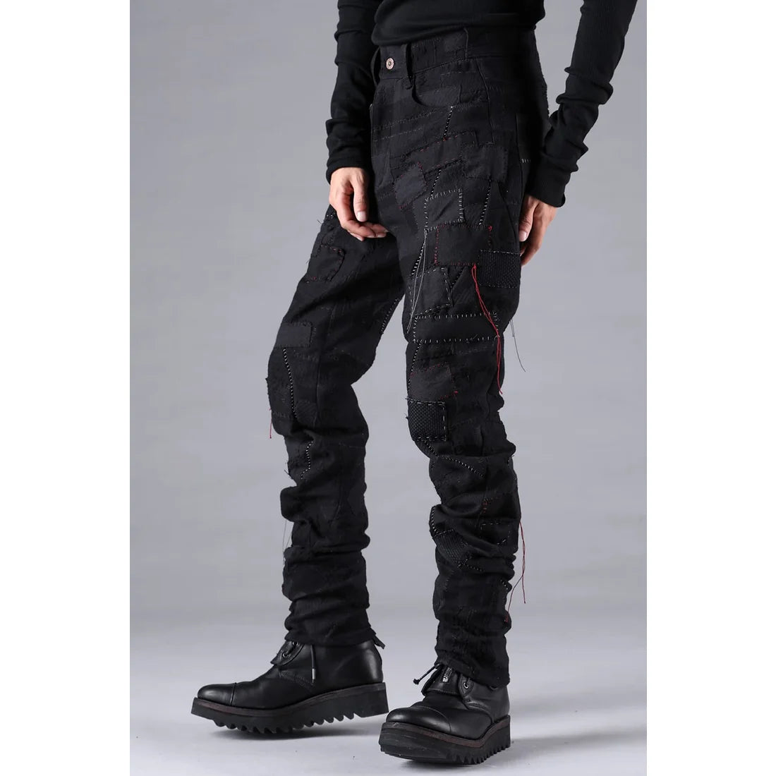 Black Hand Patchwork Crust Jacquard Overlock Twist Curve Pants