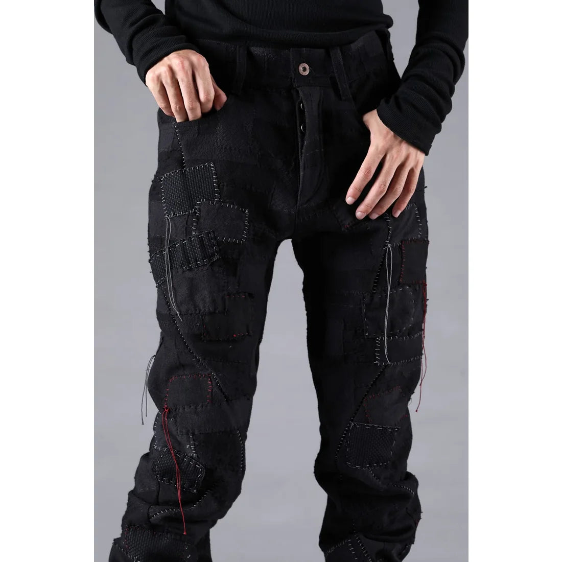 Black Hand Patchwork Crust Jacquard Overlock Twist Curve Pants