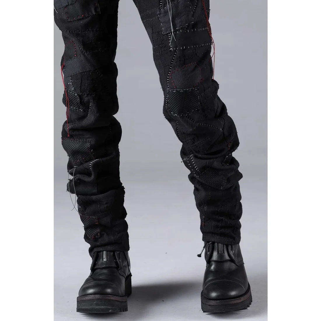 Black Hand Patchwork Crust Jacquard Overlock Twist Curve Pants