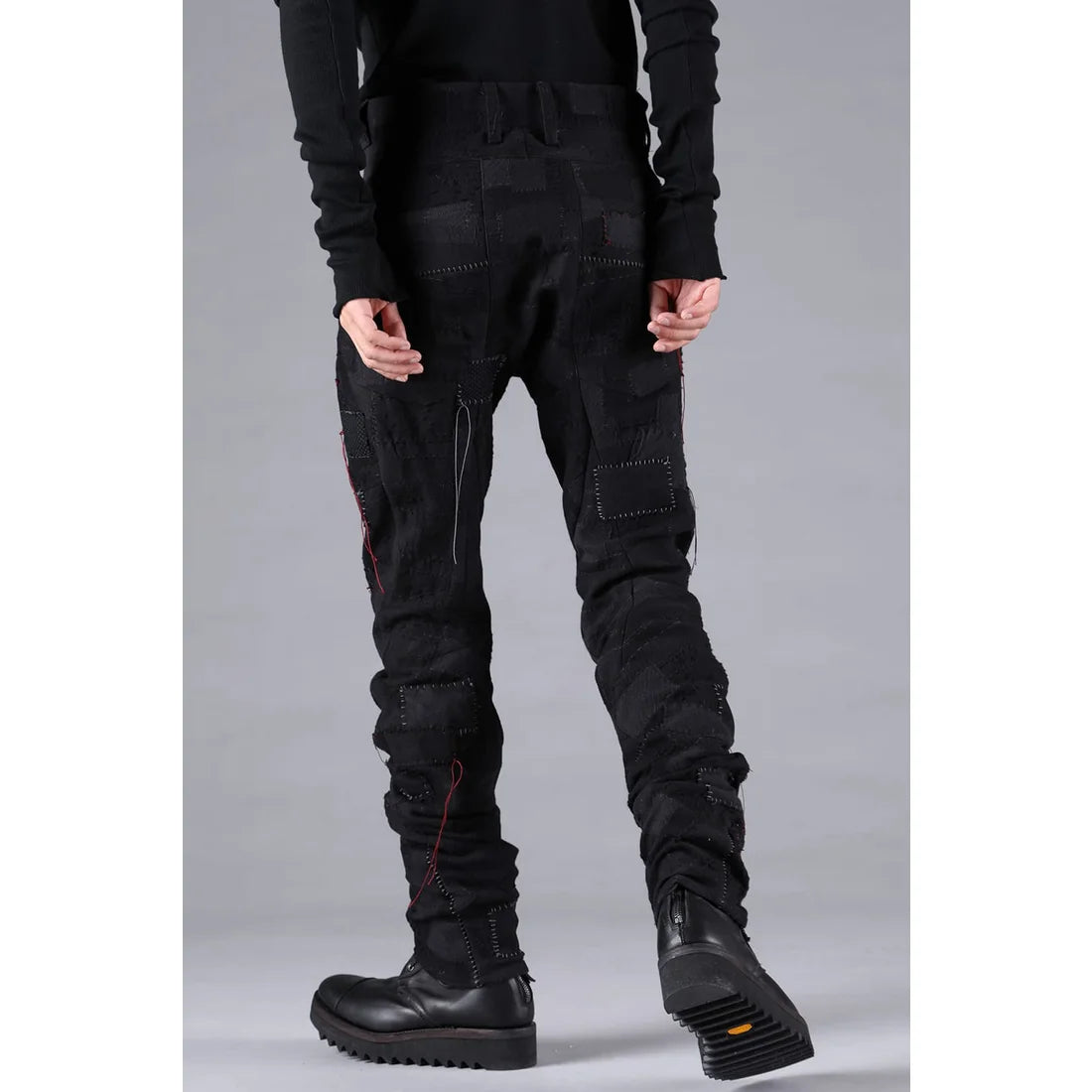 Black Hand Patchwork Crust Jacquard Overlock Twist Curve Pants