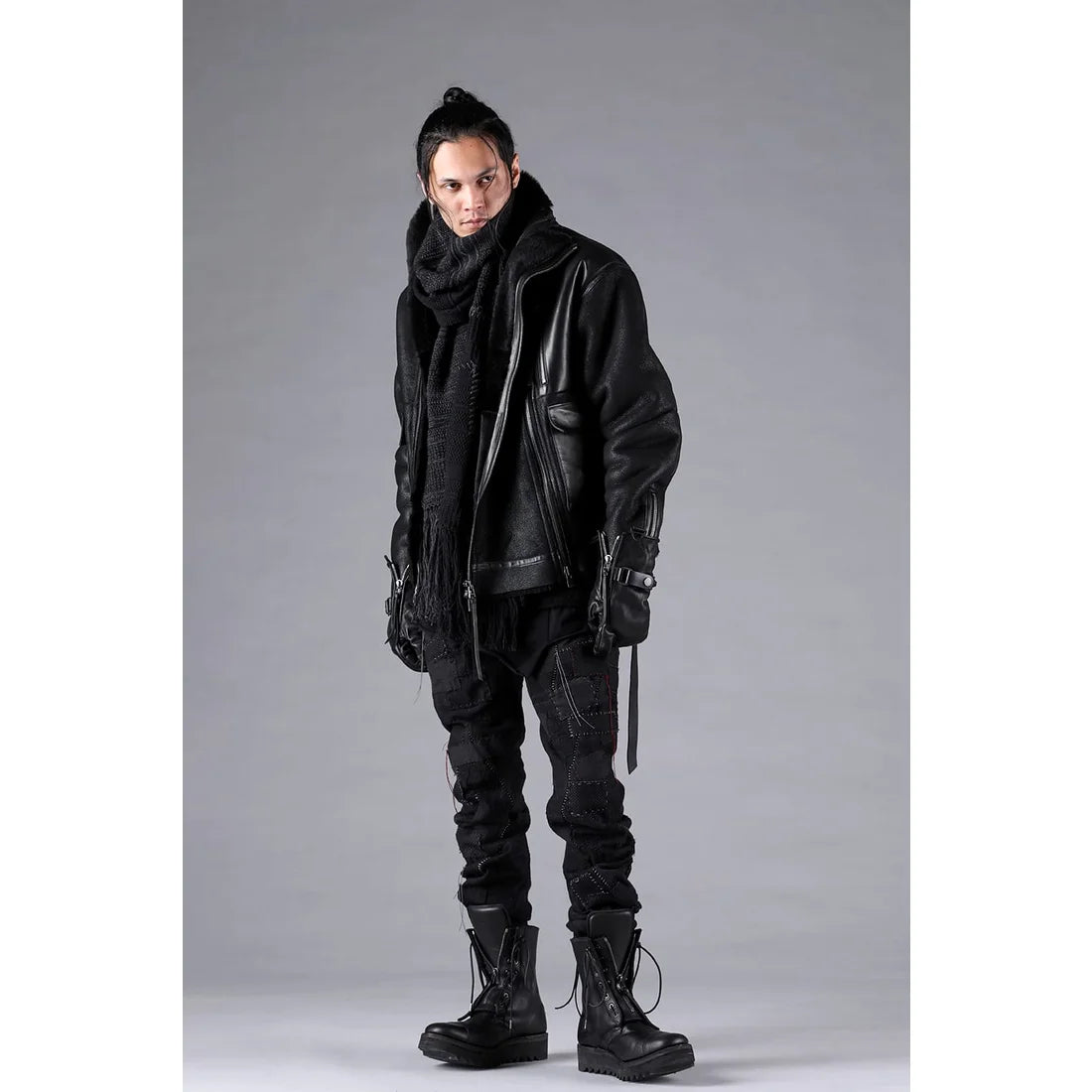 Black Hand Patchwork Crust Jacquard Overlock Twist Curve Pants