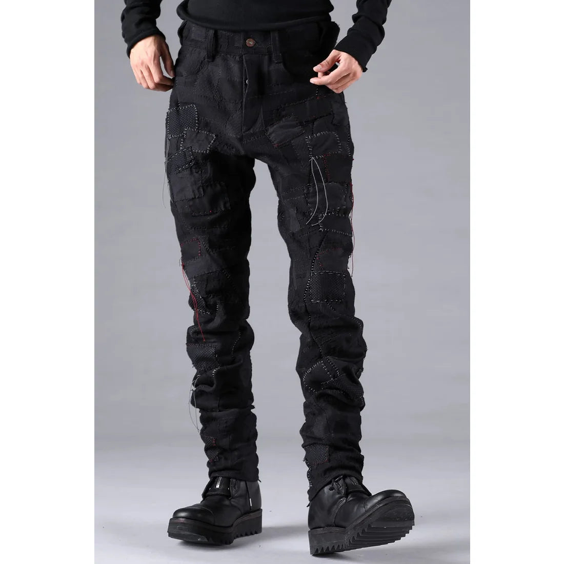 Black Hand Patchwork Crust Jacquard Overlock Twist Curve Pants