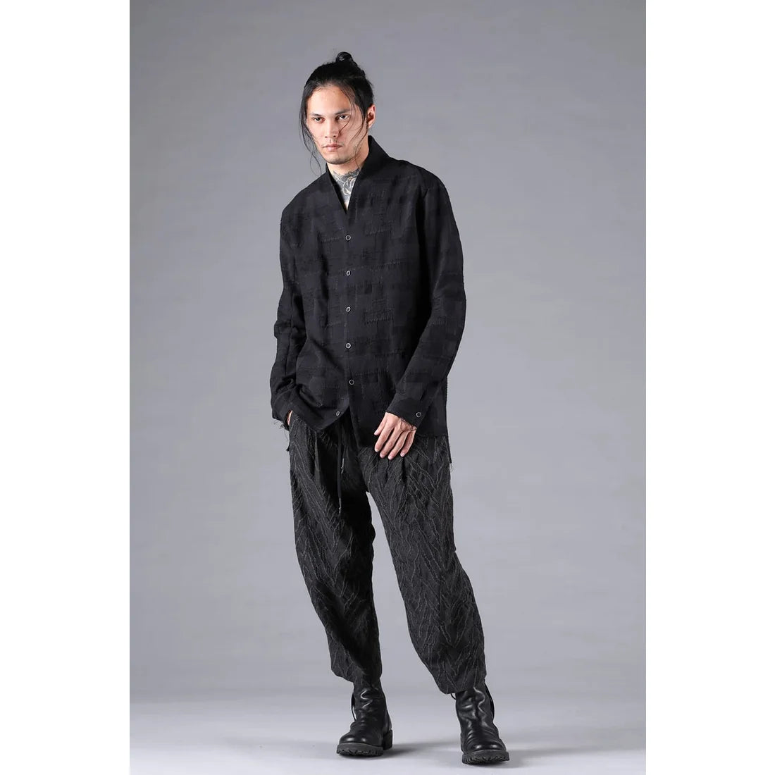 Black Crust Patchwork Jacquard Shawl Collar Shirt