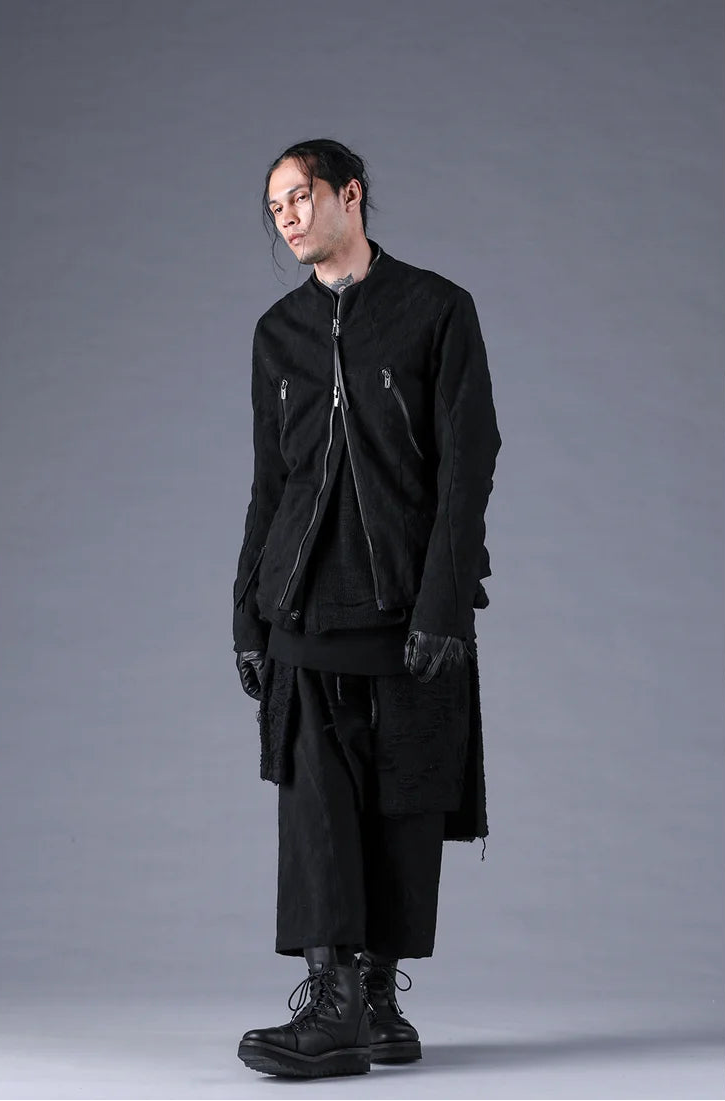 Black Distressed Jacquard Zipper Rider Jacket