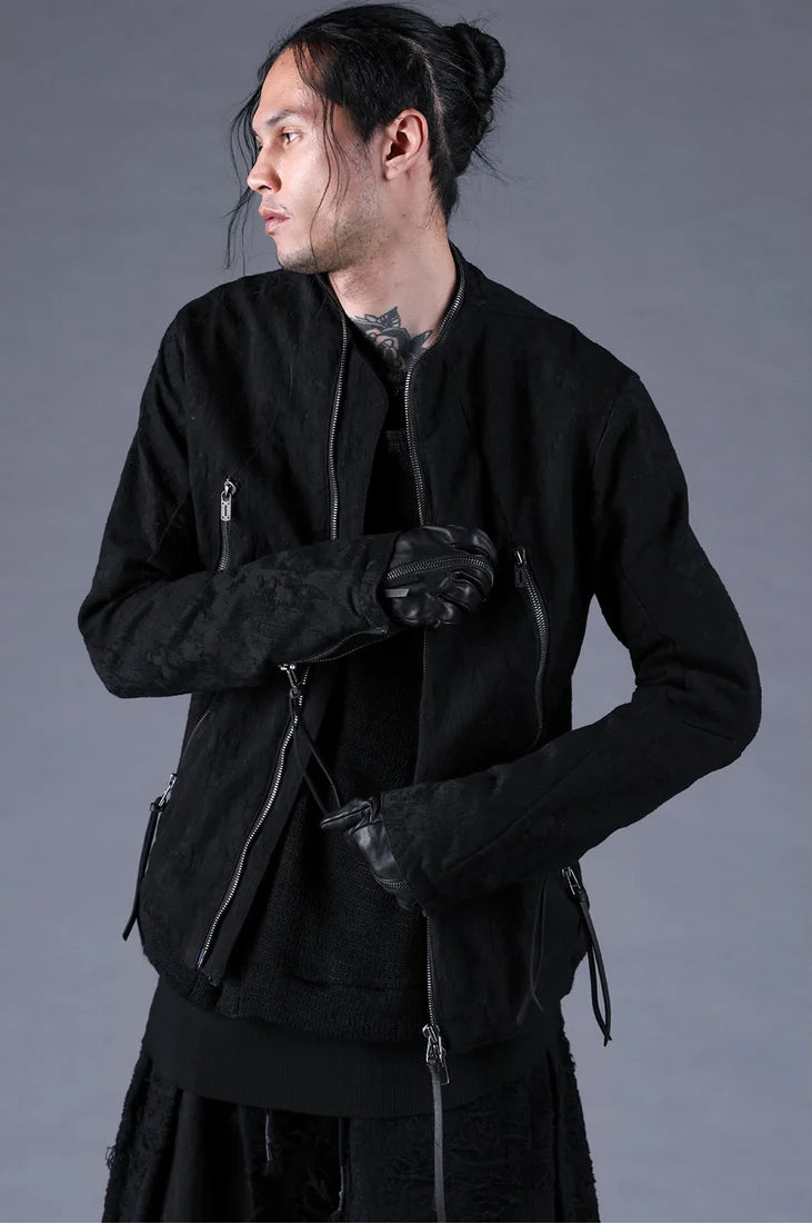 Black Distressed Jacquard Zipper Rider Jacket