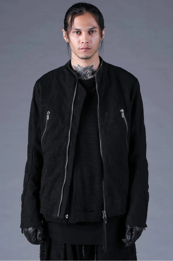 Black Distressed Jacquard Zipper Rider Jacket