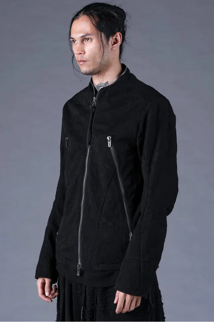 Black Distressed Jacquard Zipper Rider Jacket