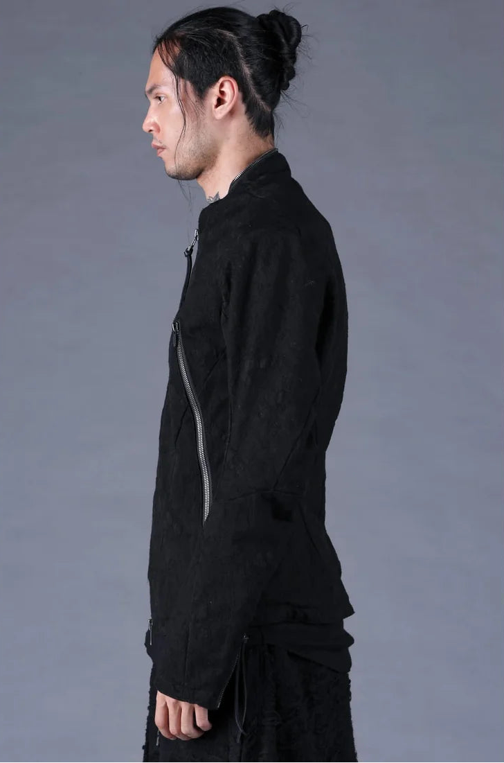 Black Distressed Jacquard Zipper Rider Jacket