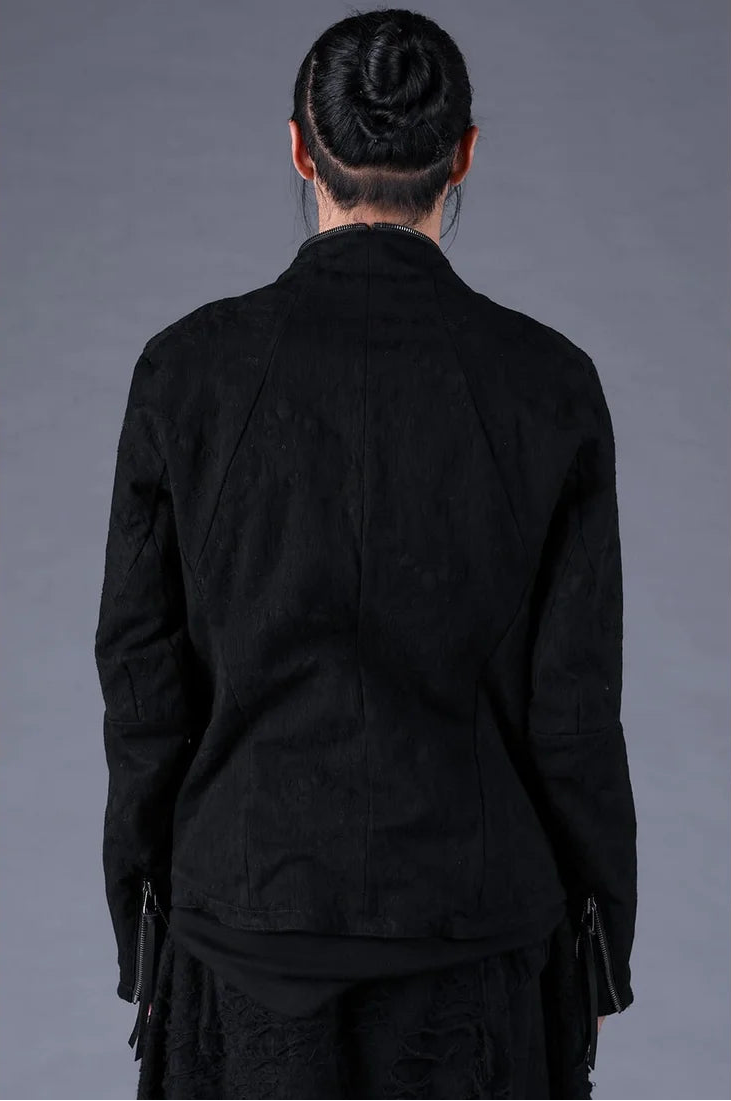 Black Distressed Jacquard Zipper Rider Jacket