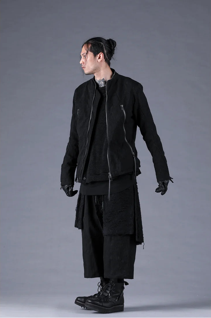 Black Distressed Jacquard Zipper Rider Jacket