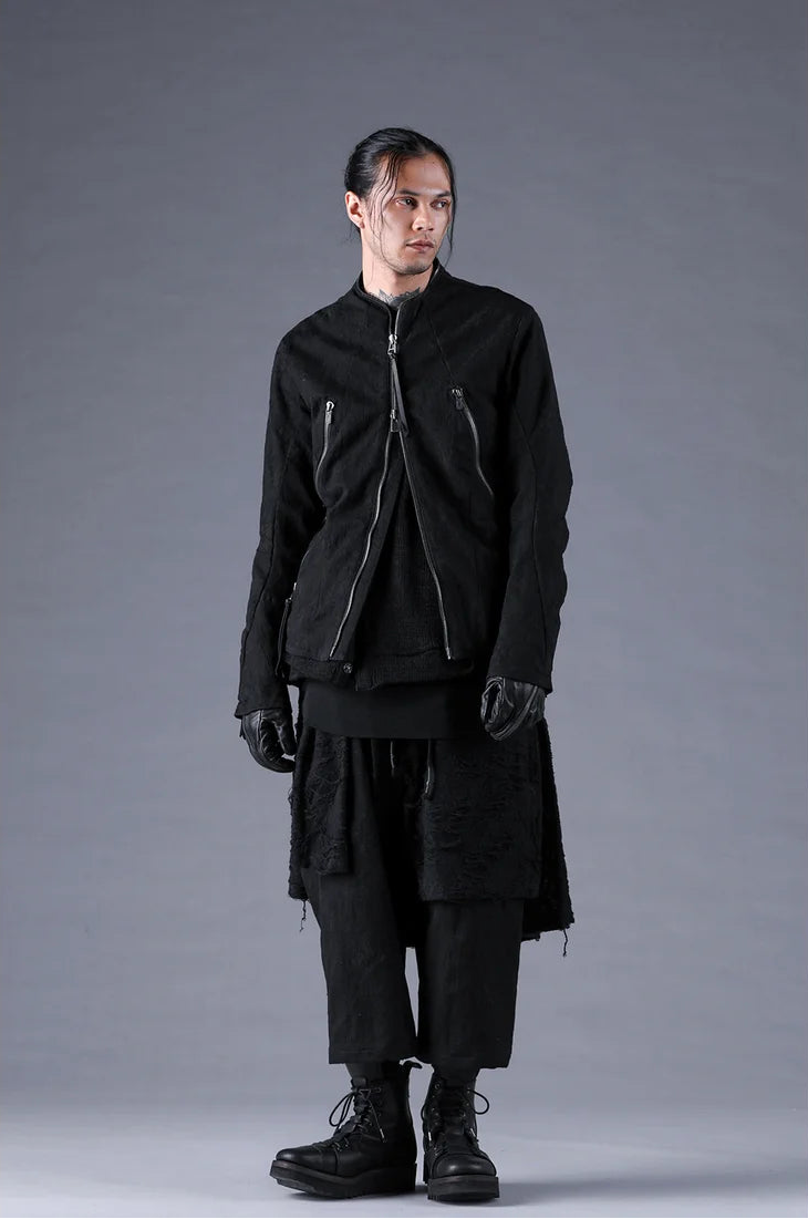 Black Distressed Jacquard Zipper Rider Jacket