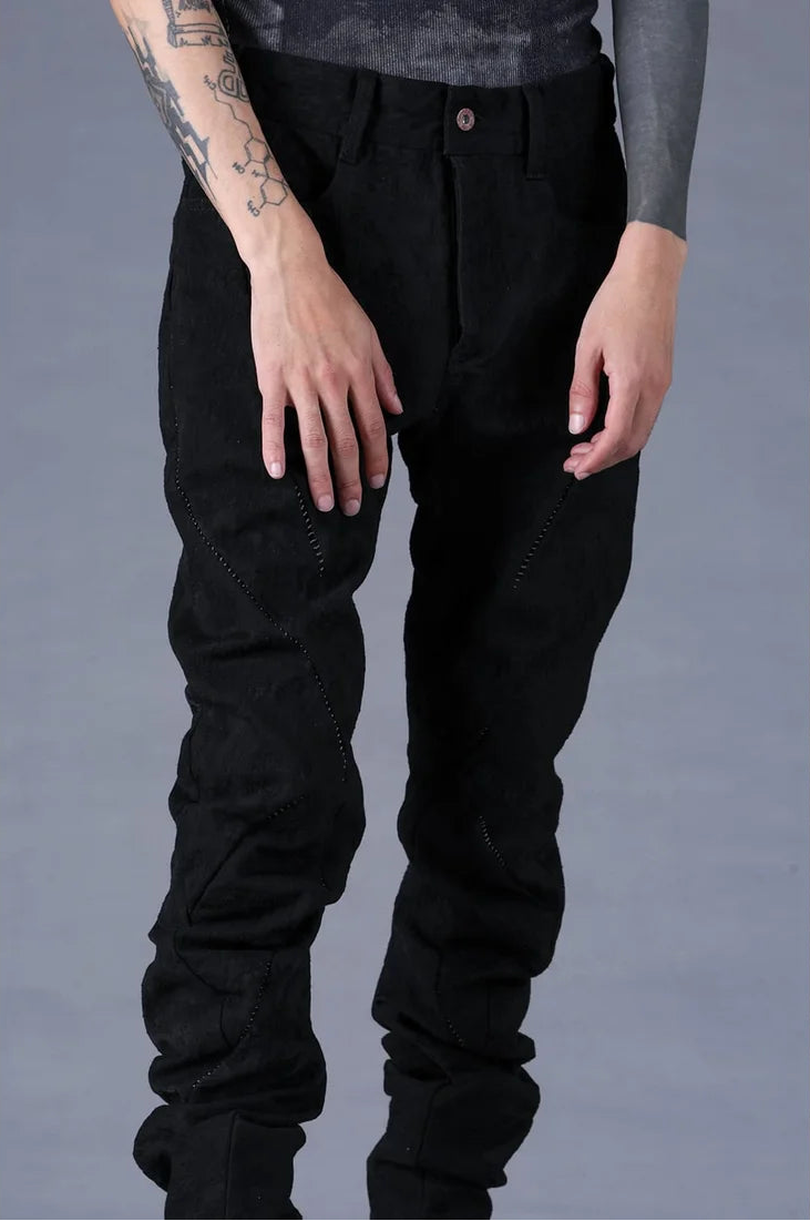 Black Distressed Jacquard Twisted Curved Trousers