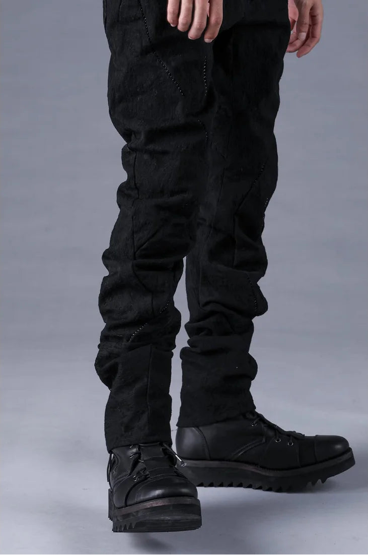 Black Distressed Jacquard Twisted Curved Trousers