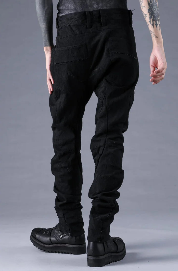 Black Distressed Jacquard Twisted Curved Trousers