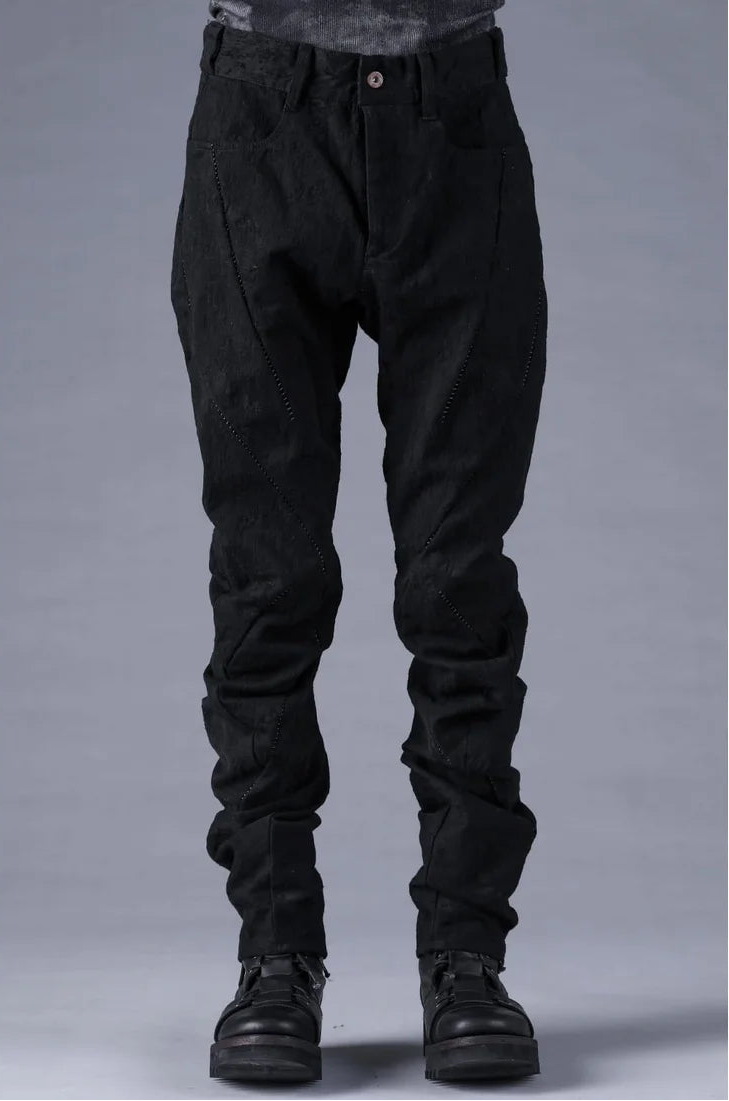 Black Distressed Jacquard Twisted Curved Trousers