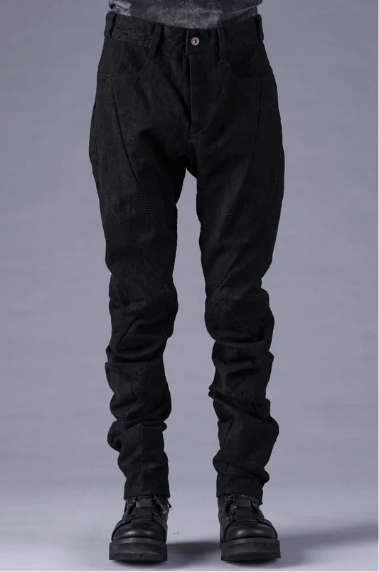 Black Distressed Jacquard Twisted Curved Trousers