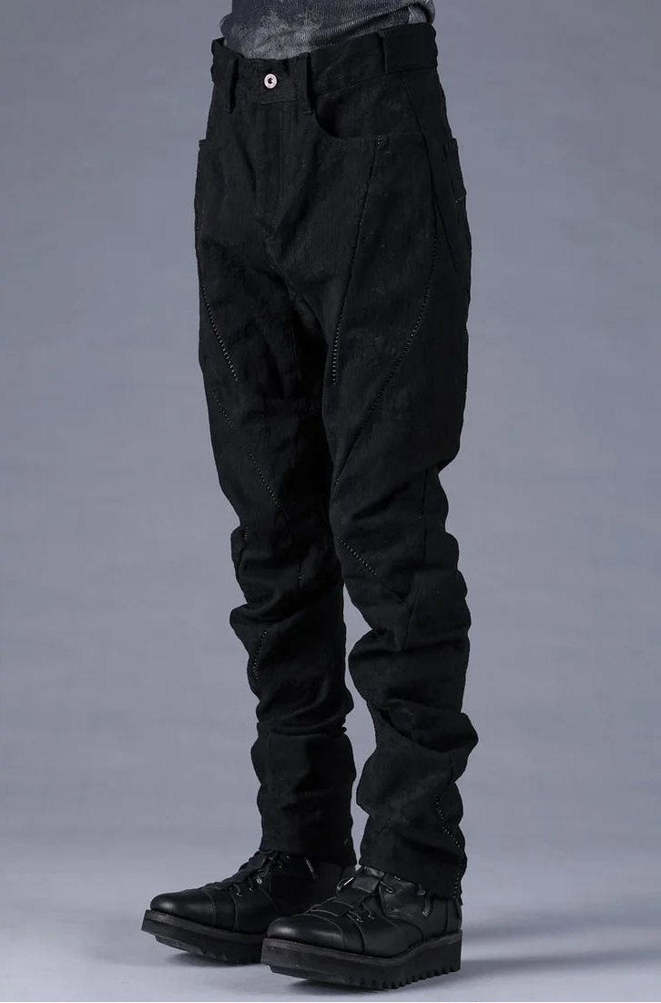 Black Distressed Jacquard Twisted Curved Trousers