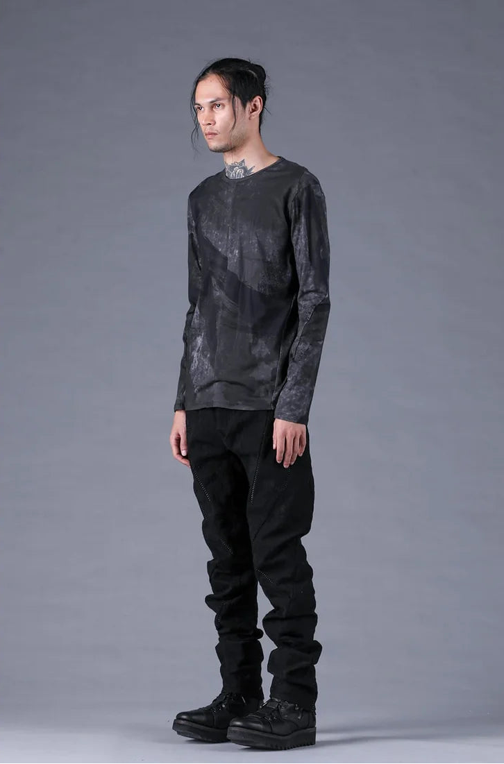 Black Distressed Jacquard Twisted Curved Trousers