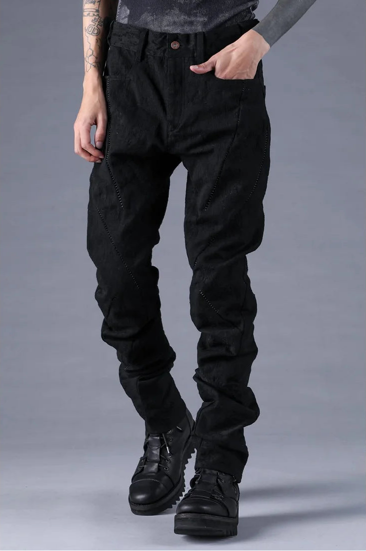 Black Distressed Jacquard Twisted Curved Trousers