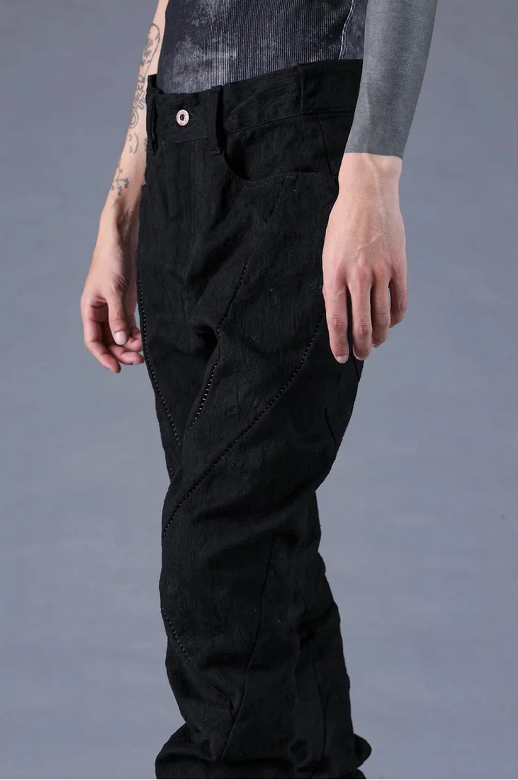 Black Distressed Jacquard Twisted Curved Trousers