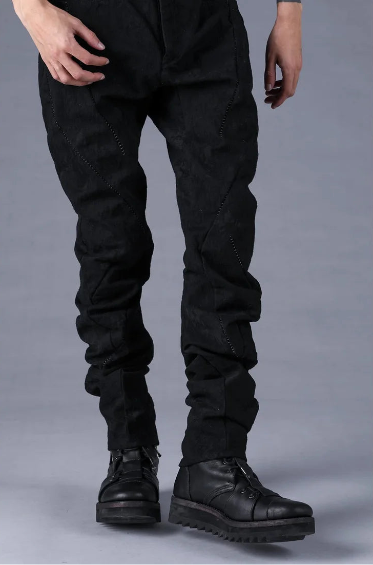 Black Distressed Jacquard Twisted Curved Trousers