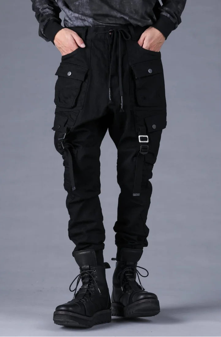 Black Adjustable Belt Stretch Denim Cargo Jogger Trousers