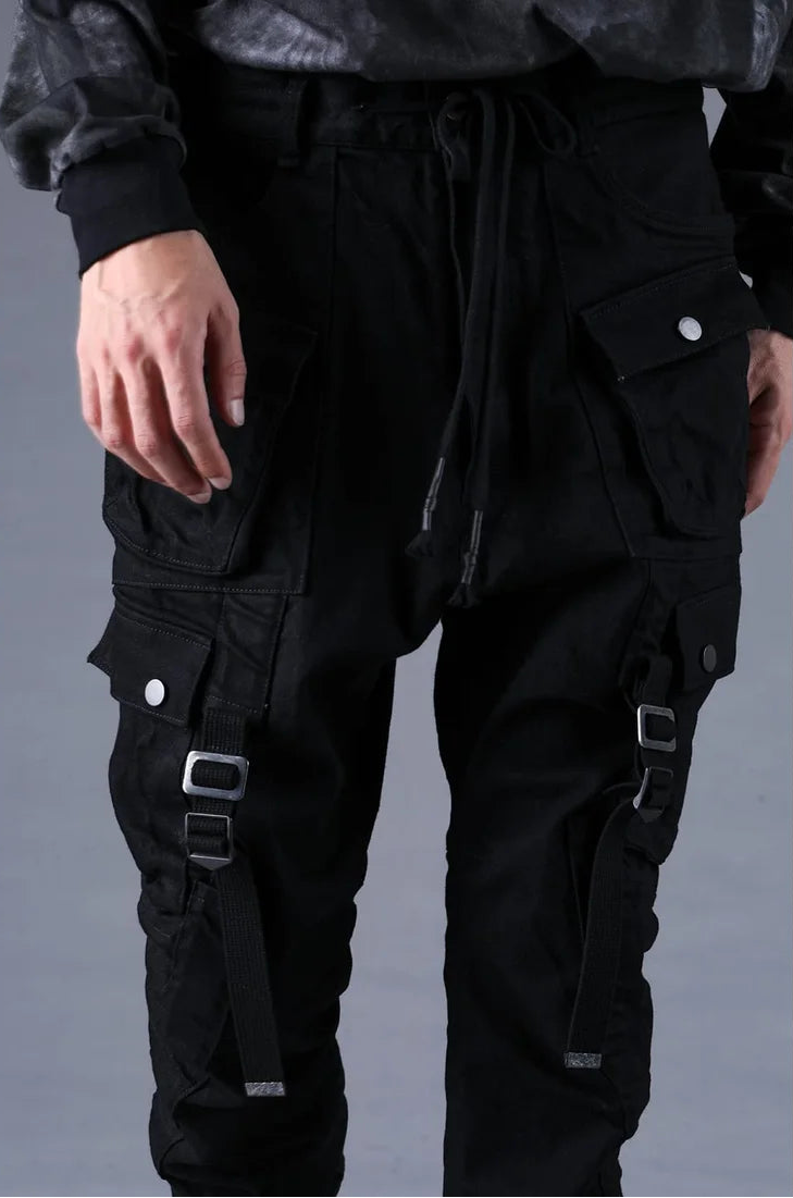 Black Adjustable Belt Stretch Denim Cargo Jogger Trousers