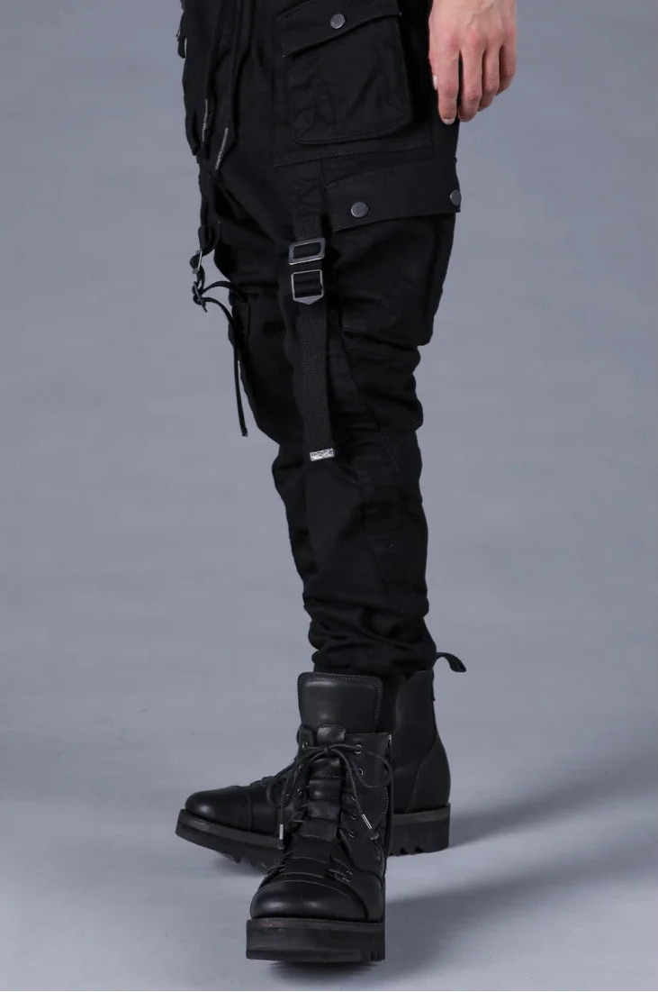 Black Adjustable Belt Stretch Denim Cargo Jogger Trousers