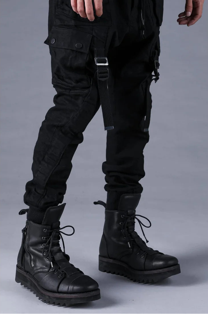 Black Adjustable Belt Stretch Denim Cargo Jogger Trousers