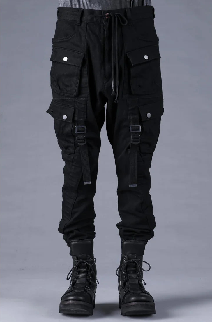 Black Adjustable Belt Stretch Denim Cargo Jogger Trousers