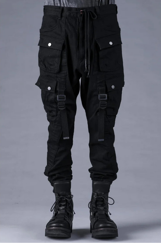 Black Adjustable Belt Stretch Denim Cargo Jogger Trousers