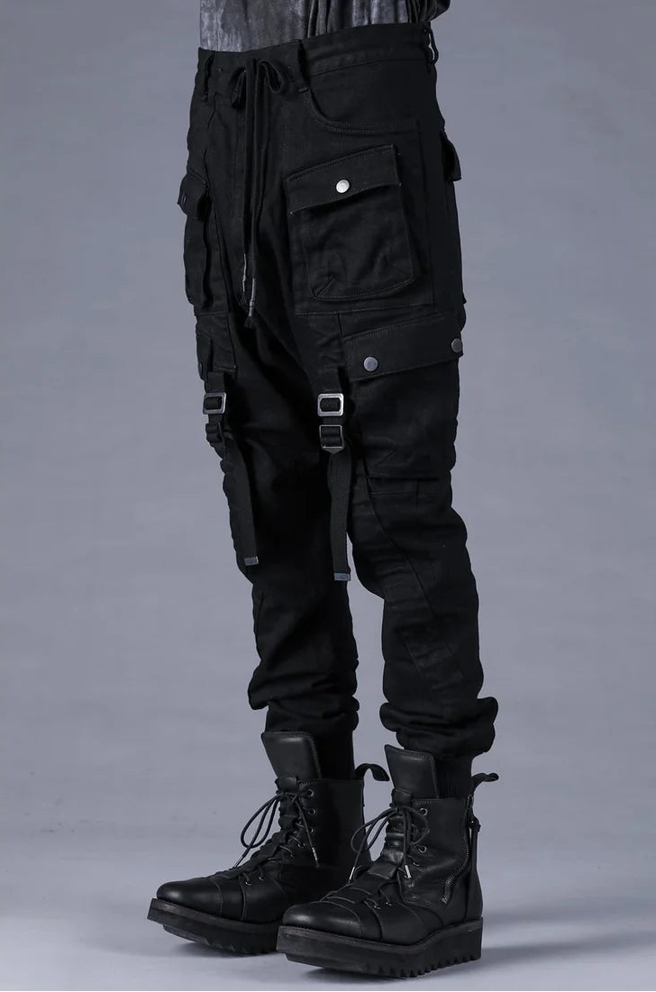Black Adjustable Belt Stretch Denim Cargo Jogger Trousers