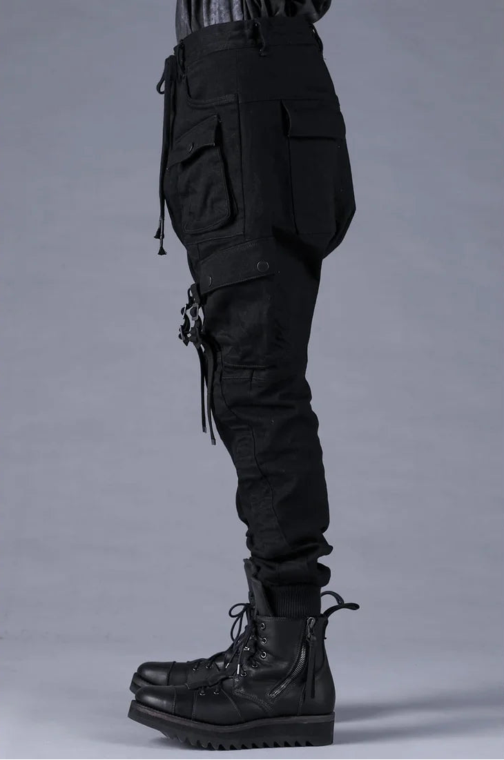 Black Adjustable Belt Stretch Denim Cargo Jogger Trousers