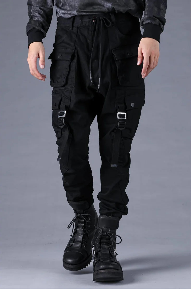 Black Adjustable Belt Stretch Denim Cargo Jogger Trousers