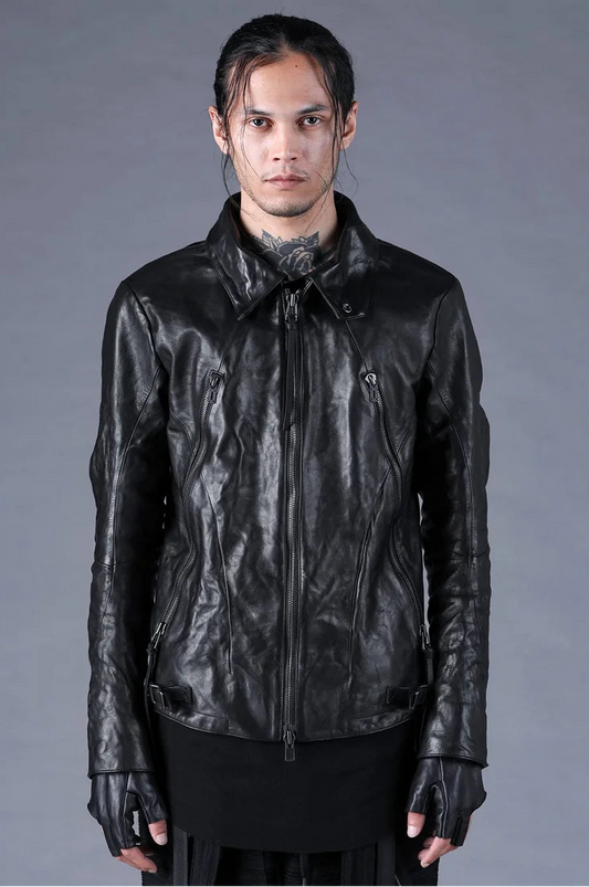 Black Horse Leather Detachable Collar and Gloves Jacket