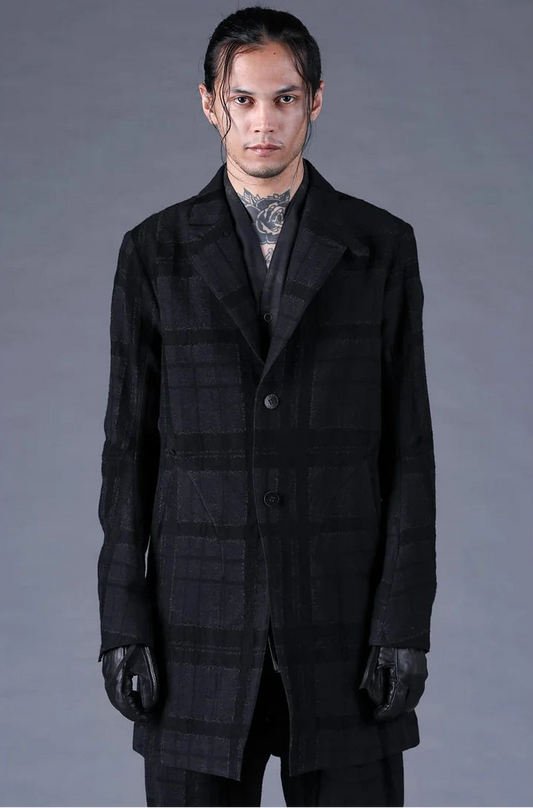 Black Distorted Check Jacquard Long Tailored Jacket