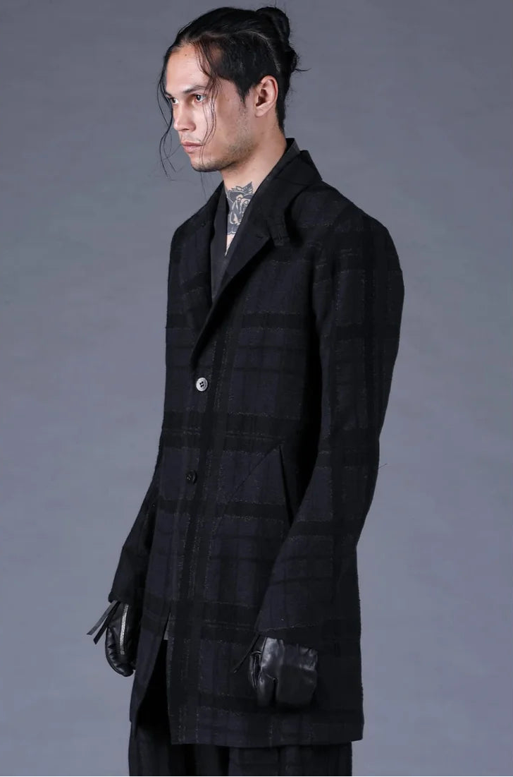 Black Distorted Check Jacquard Long Tailored Jacket