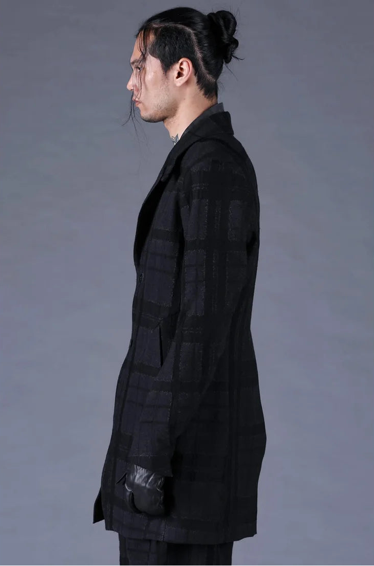 Black Distorted Check Jacquard Long Tailored Jacket