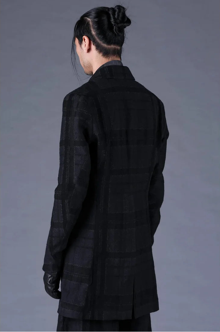 Black Distorted Check Jacquard Long Tailored Jacket