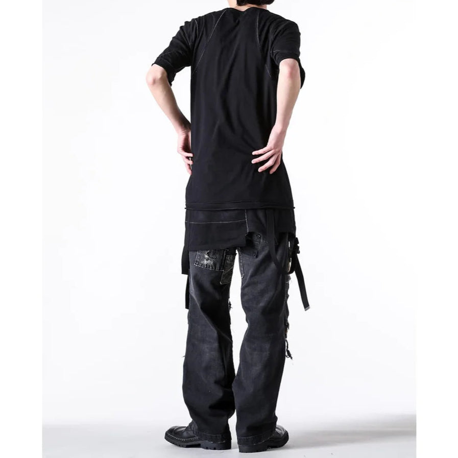 Black Soft Cotton Jersey Belt Adjust Long T-Shirt