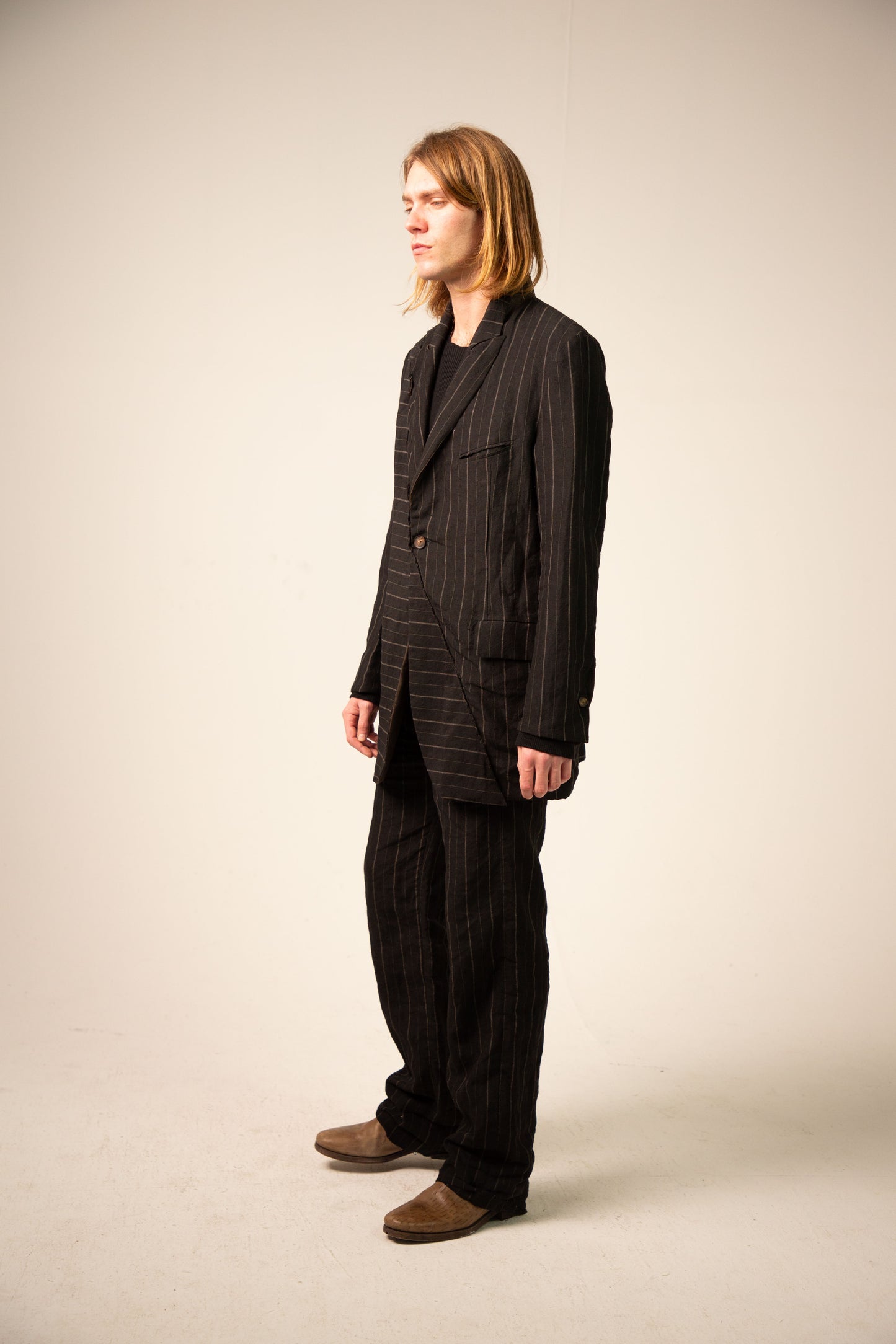 Off Black Stripe and Dark Brown Reversible Overlock Stitched Long Jacket