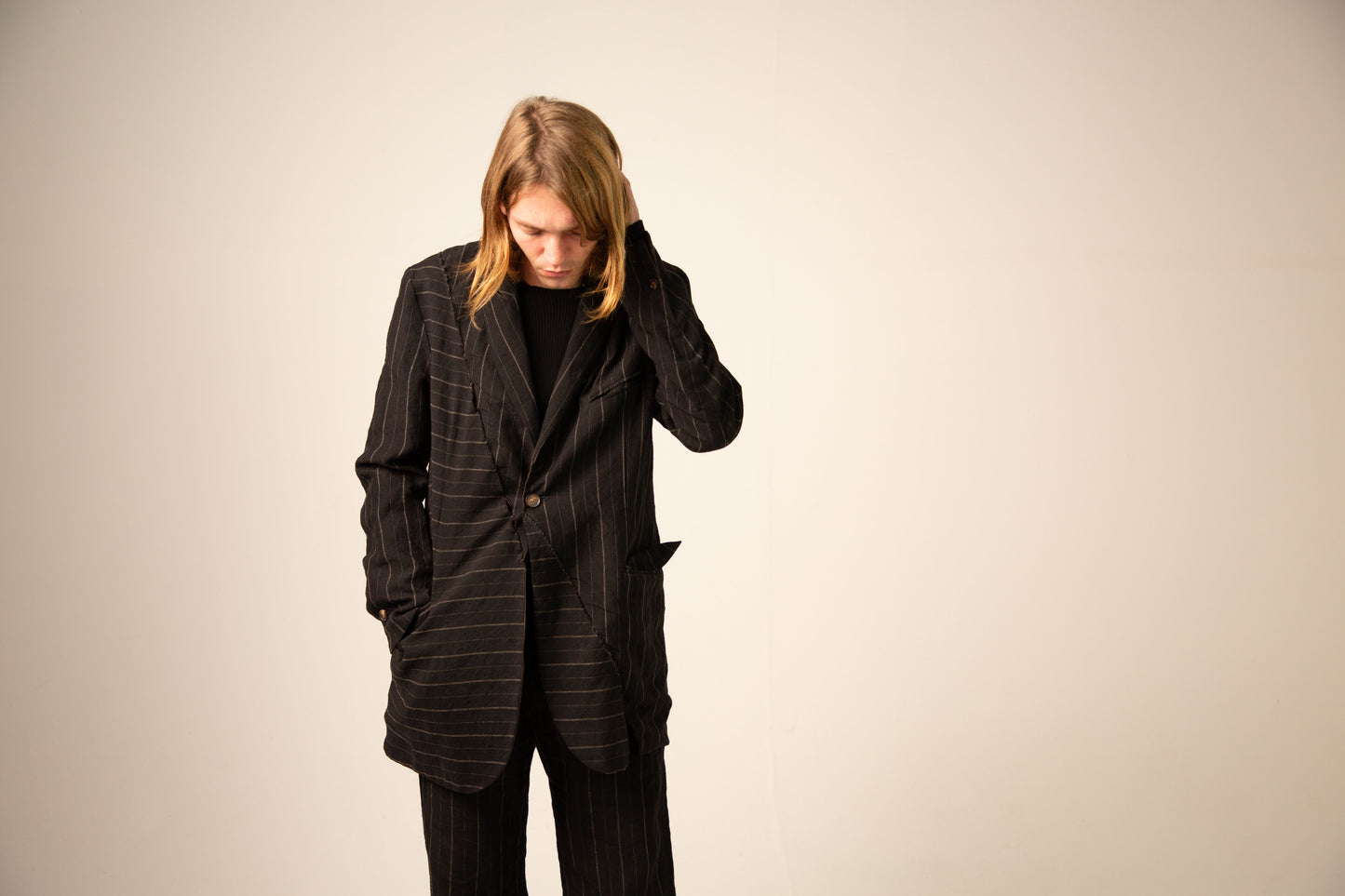 Off Black Stripe and Dark Brown Reversible Overlock Stitched Long Jacket