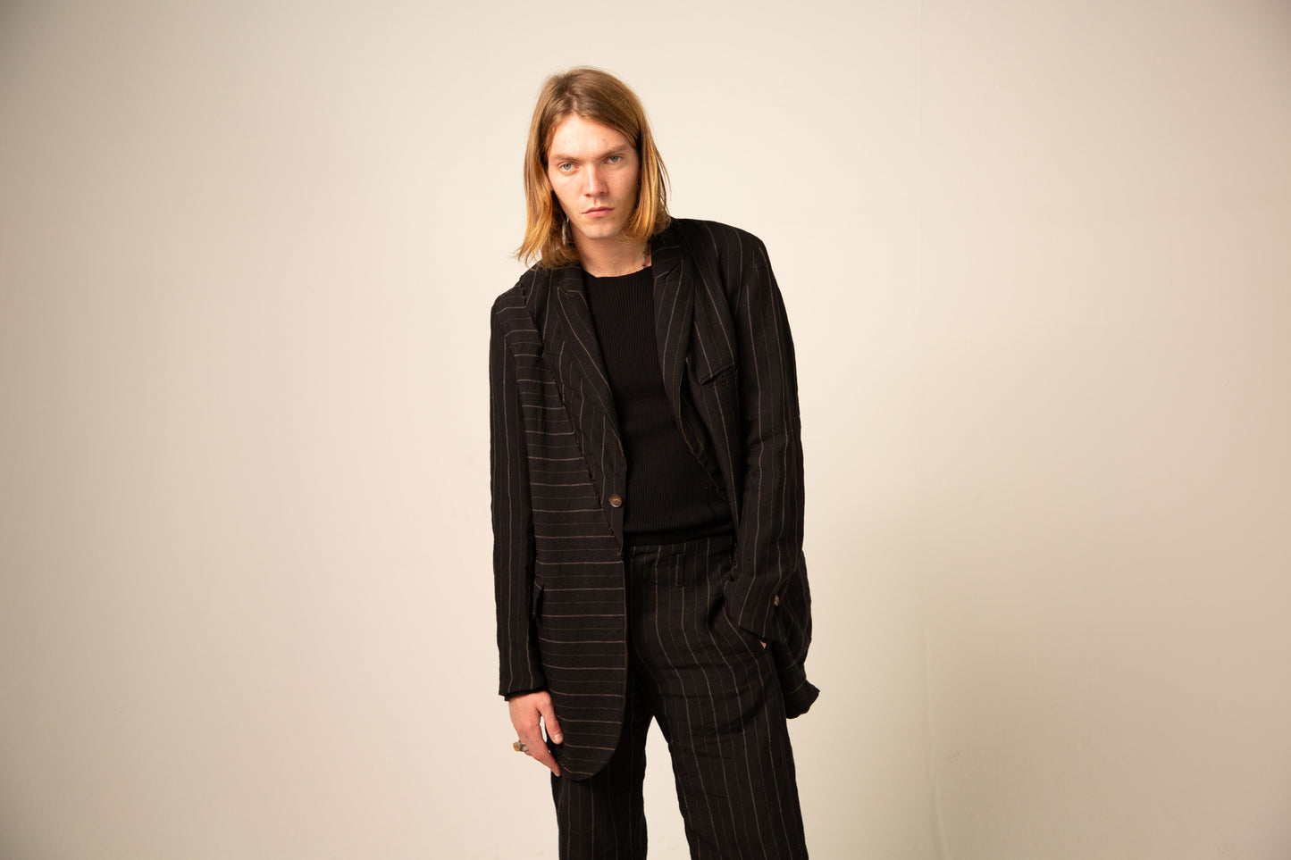 Off Black Stripe and Dark Brown Reversible Overlock Stitched Long Jacket
