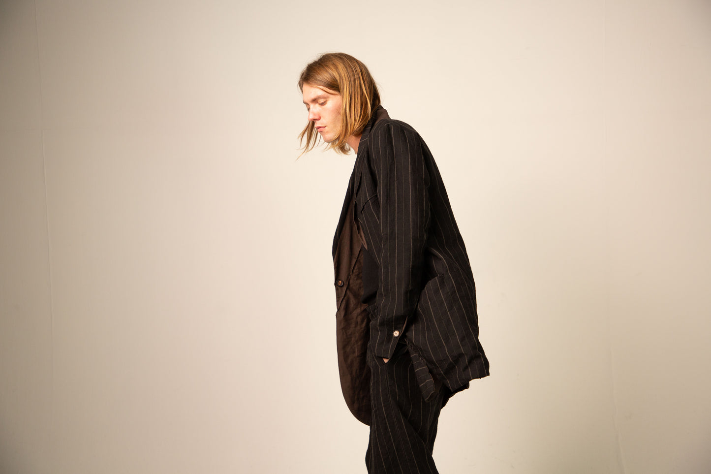 Off Black Stripe and Dark Brown Reversible Overlock Stitched Long Jacket