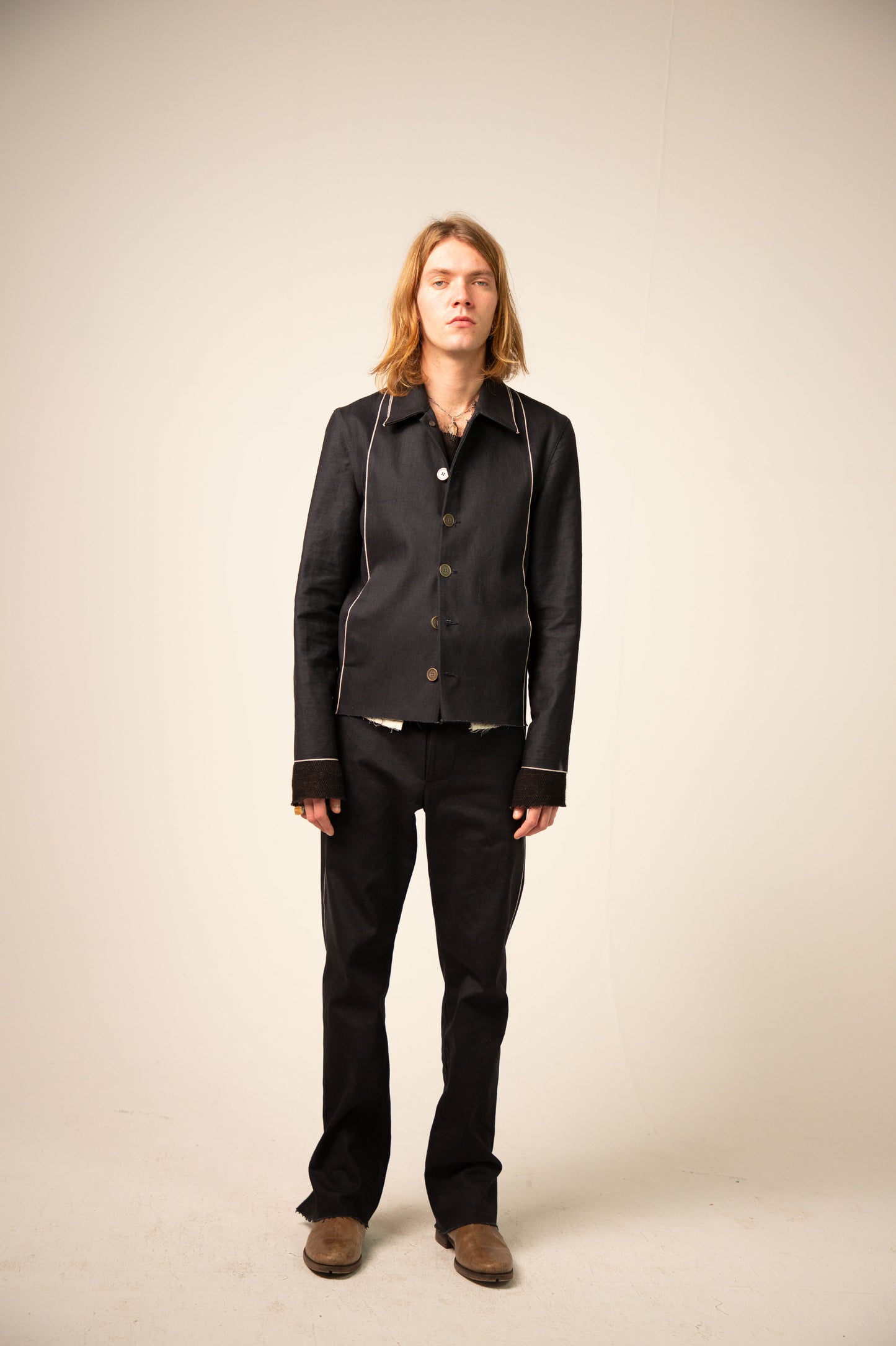 Off Black Cotton Selvedge 5-Button Collared Jacket